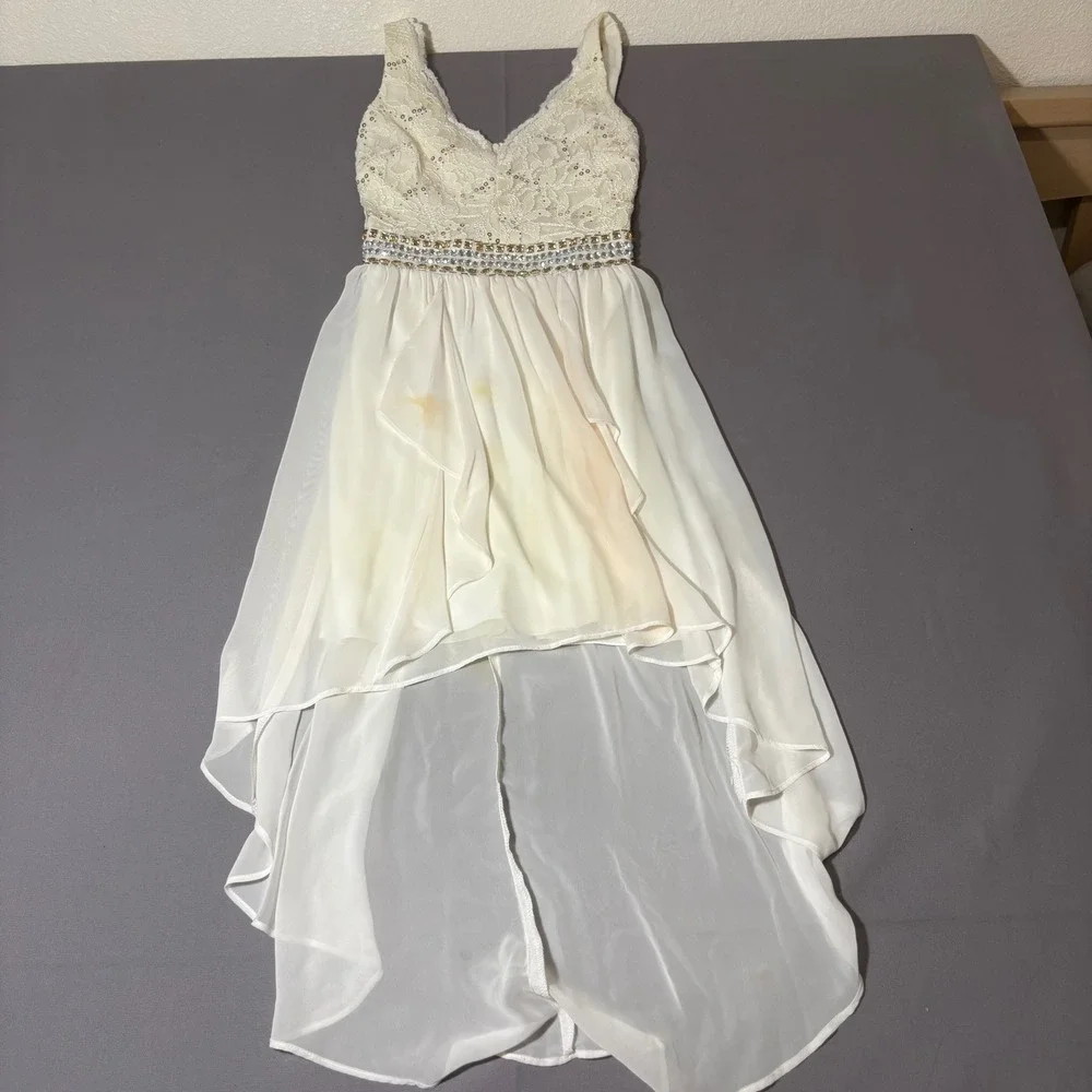 B. Darlin High Low Dress Womens 1/2 White Lace Sequin Rhinestone Formal - Picture 1 of 11